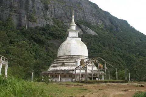 The white Sama Chaitya stupa at the foot of Sri Pada