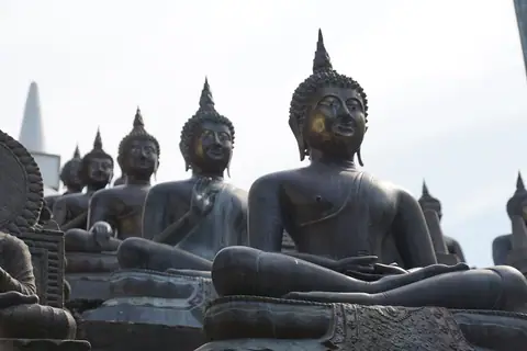 Rows of seated Buddha statues at Gangaramaya Temple