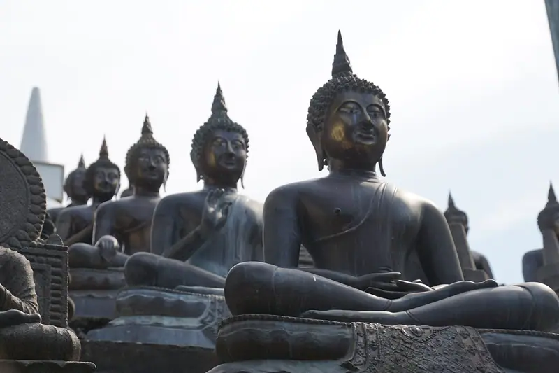 Rows of seated Buddha statues at Gangaramaya Temple