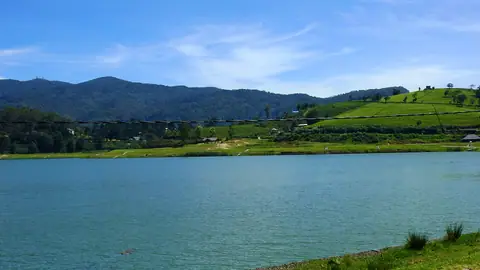 Gregory Lake with tea-covered hills behind, Nuwara Eliya