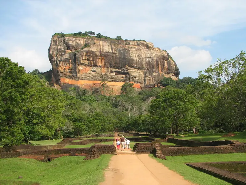 Sigiriya rock rising above the fortress gardens