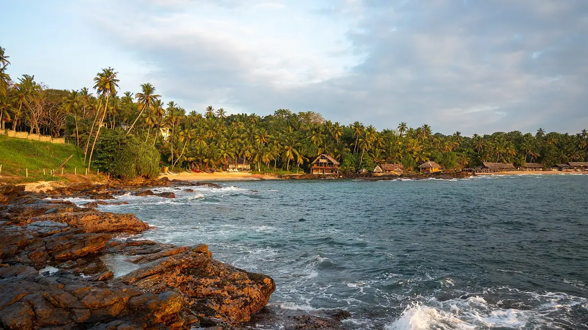 Rocks and palms around the cove at Goyambokka beach, Tangalle