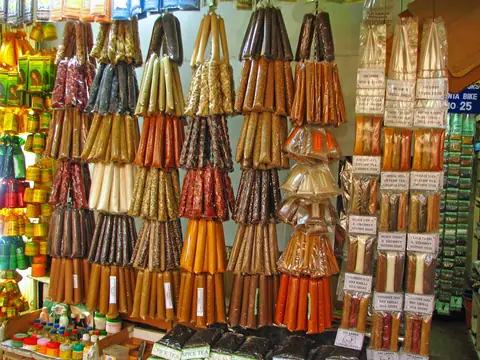 Bags of spices at a stall in Kandy Market