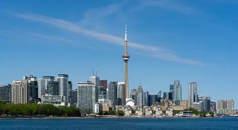 The Toronto skyline and CN Tower from Trillium Park